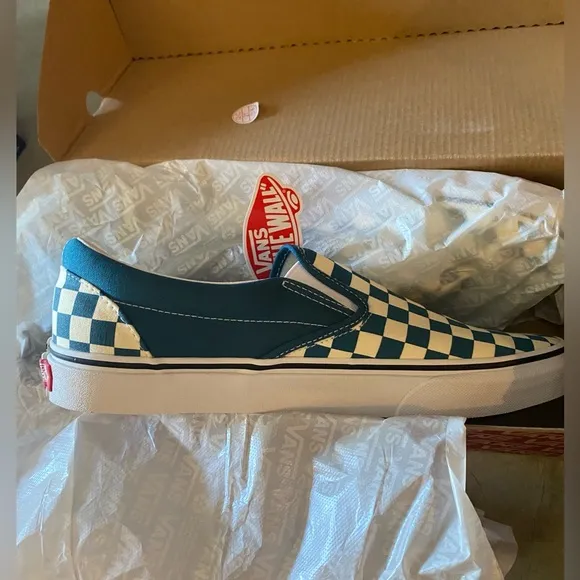 VANS Classic Slip On Checkerboard Skate Shoes, Blue Coral/True White