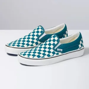 VANS Classic Slip On Checkerboard Skate Shoes, Blue Coral/True White