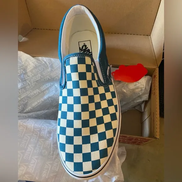 VANS Classic Slip On Checkerboard Skate Shoes, Blue Coral/True White