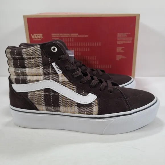 Vans Filmore Hi Platform Plaid Mix Brown White Sneakers Women Size 10