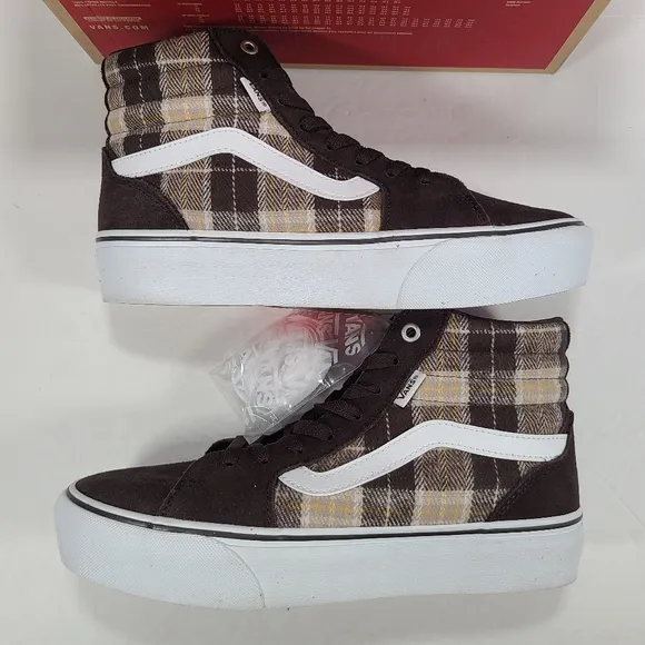 Vans Filmore Hi Platform Plaid Mix Brown White Sneakers Women Size 10