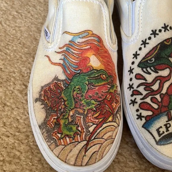 Vans hand painted snake and frog slip on shoes.