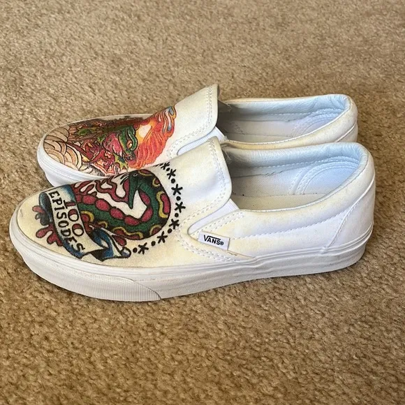 Vans hand painted snake and frog slip on shoes.