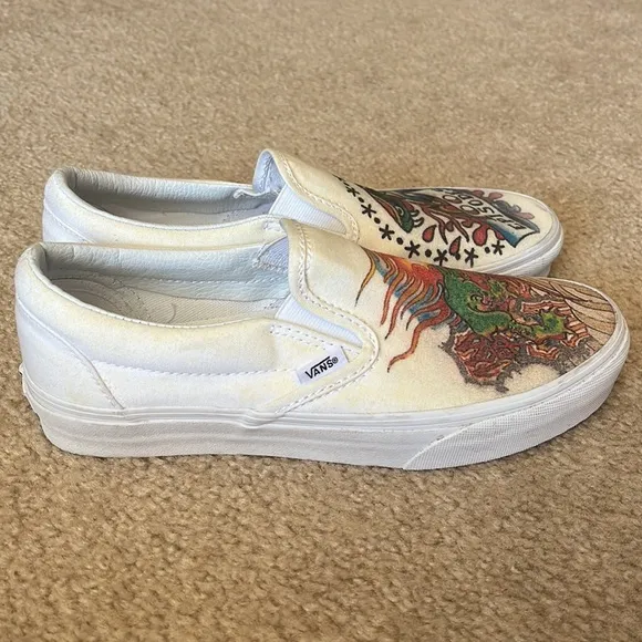 Vans hand painted snake and frog slip on shoes.