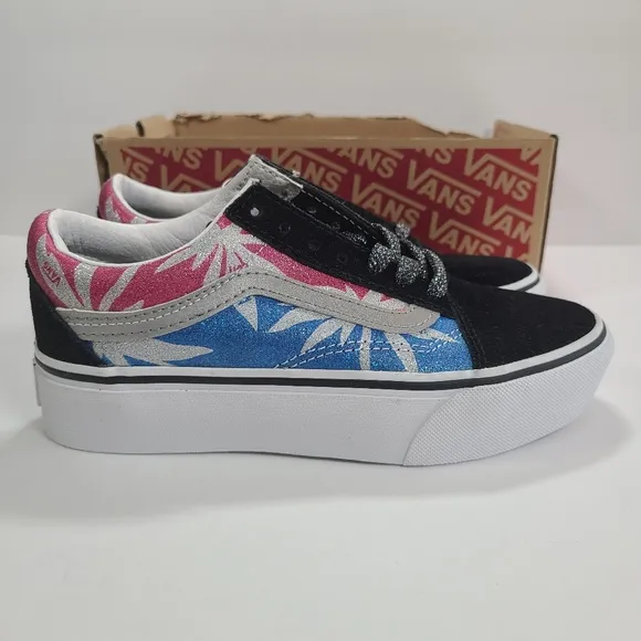 Vans Old Skool Platform After Dark Summer Leaf True White Sneakers Women's 5