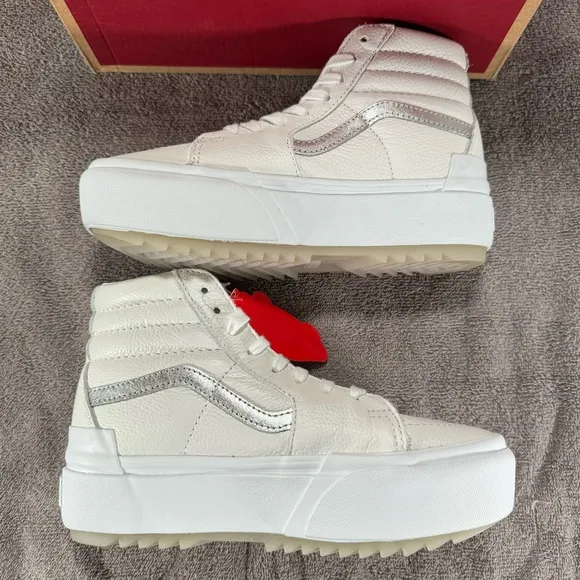 Vans Sk8-Hi Stacked Platform Pop True White Metallic Leather Sneakers Women’s 7