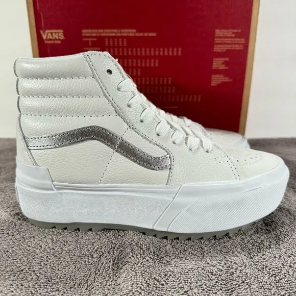 Vans Sk8-Hi Stacked Platform Pop True White Metallic Leather Sneakers Women’s 7