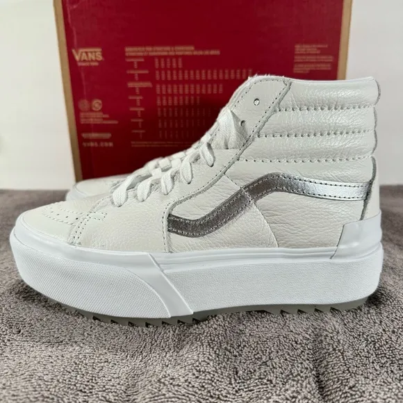 Vans Sk8-Hi Stacked Platform Pop True White Metallic Leather Sneakers Women’s 7