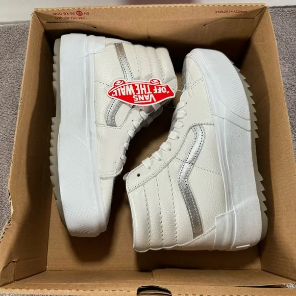 Vans Sk8-Hi Stacked Platform Pop True White Metallic Leather Sneakers Women’s 7