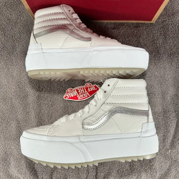 Vans Sk8-Hi Stacked Platform Pop True White Metallic Leather Sneakers Women’s 7