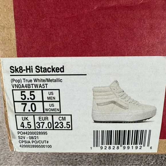 Vans Sk8-Hi Stacked Platform Pop True White Metallic Leather Sneakers Women’s 7
