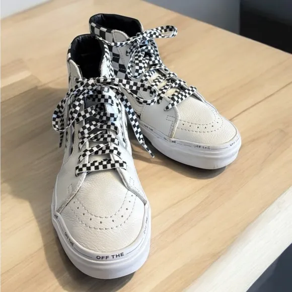 Vans Sk8 White Black Checkered High-Top Sneakers with Checkered Laces.