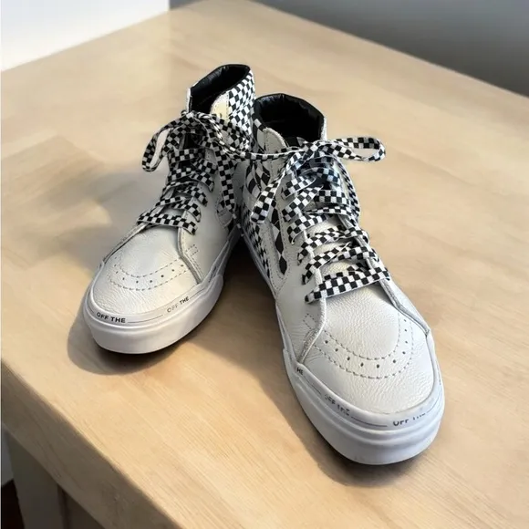 Vans Sk8 White Black Checkered High-Top Sneakers with Checkered Laces.
