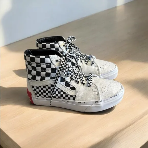 Vans Sk8 White Black Checkered High-Top Sneakers with Checkered Laces.
