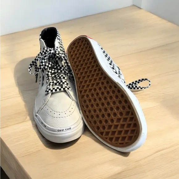 Vans Sk8 White Black Checkered High-Top Sneakers with Checkered Laces.