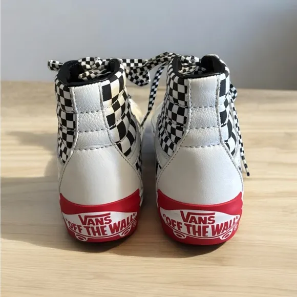 Vans Sk8 White Black Checkered High-Top Sneakers with Checkered Laces.