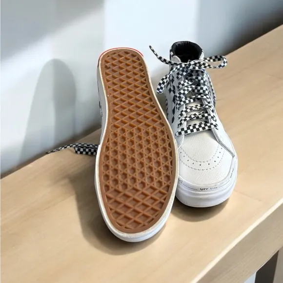 Vans Sk8 White Black Checkered High-Top Sneakers with Checkered Laces.