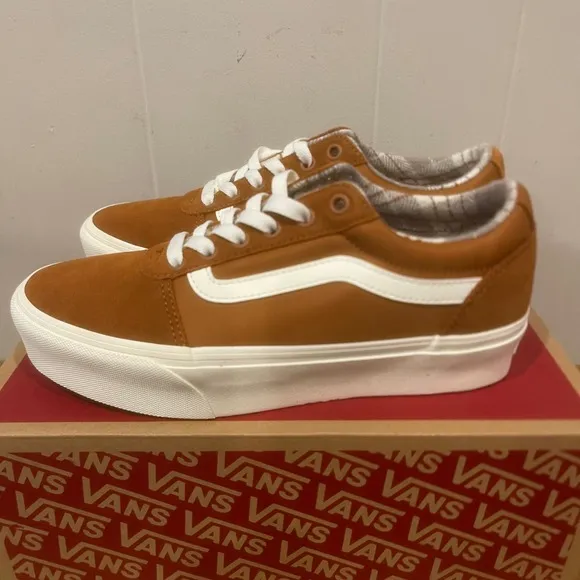 Vans Ward Lo Platform Suede Sneakers Casual Shoes Brown White Women's Size 8.5