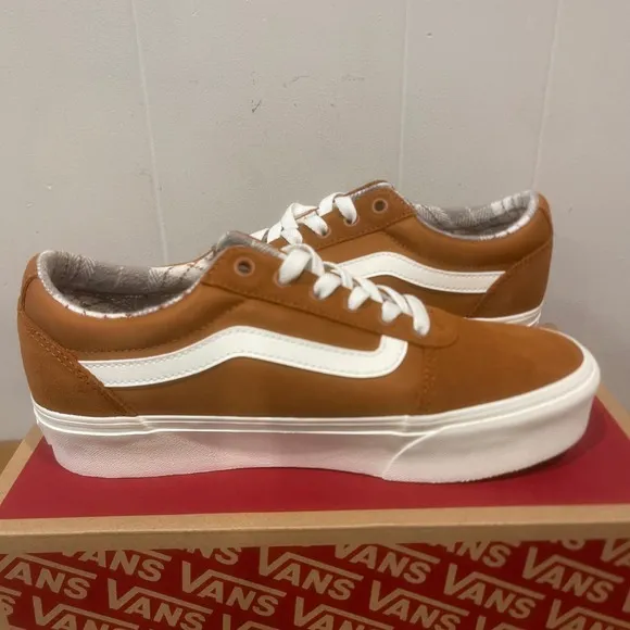 Vans Ward Lo Platform Suede Sneakers Casual Shoes Brown White Women's Size 8.5