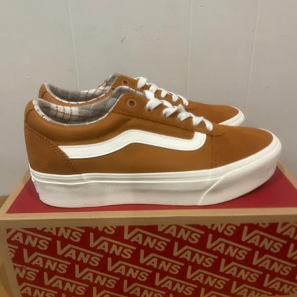 Vans Ward Lo Platform Suede Sneakers Casual Shoes Brown White Women's Size 8.5