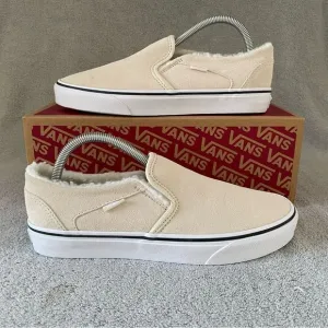Vans Womens 10 Asher Suede Sherpa Classic Slip On Shoes VN0A5JLJBRC Birch Ivory