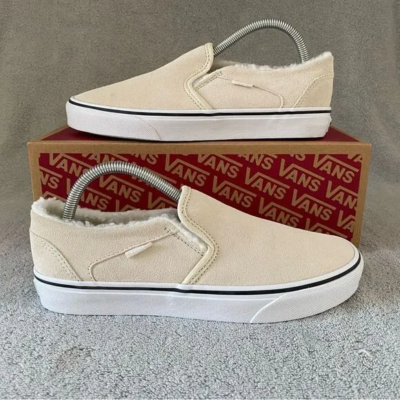 Vans Womens 10 Asher Suede Sherpa Classic Slip On Shoes VN0A5JLJBRC Birch Ivory