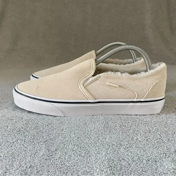 Vans Womens 10 Asher Suede Sherpa Classic Slip On Shoes VN0A5JLJBRC Birch Ivory
