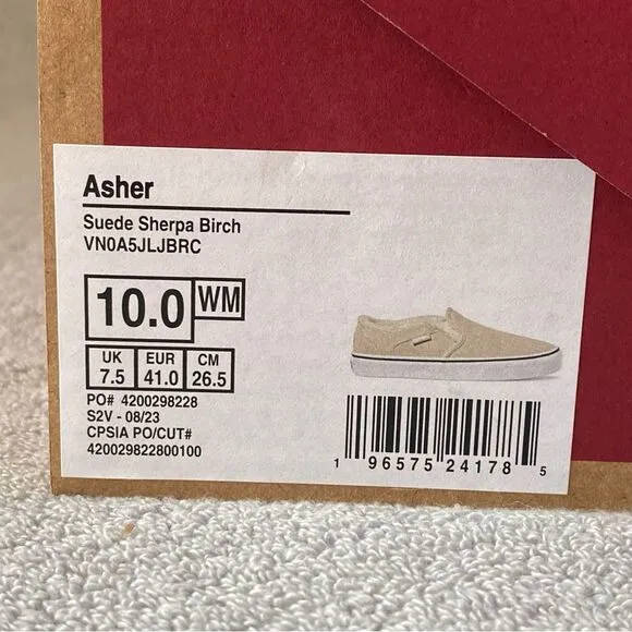 Vans Womens 10 Asher Suede Sherpa Classic Slip On Shoes VN0A5JLJBRC Birch Ivory