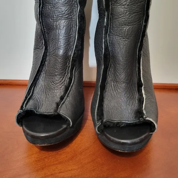 Velika Eliana Black Leather Peep Toe Fold Over Boots Size 7