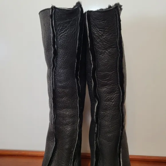 Velika Eliana Black Leather Peep Toe Fold Over Boots Size 7