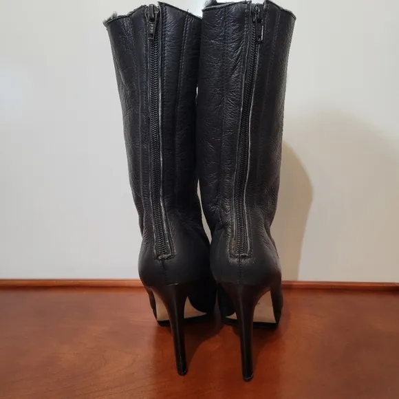 Velika Eliana Black Leather Peep Toe Fold Over Boots Size 7