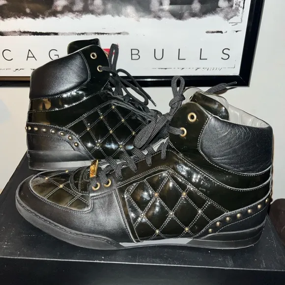 Versace Quilted Leather/Patent Leather Medusa High Top Sneakers