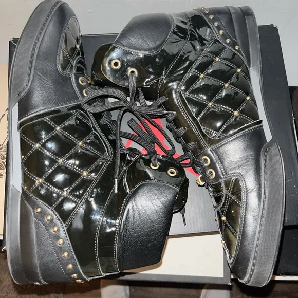 Versace Quilted Leather/Patent Leather Medusa High Top Sneakers