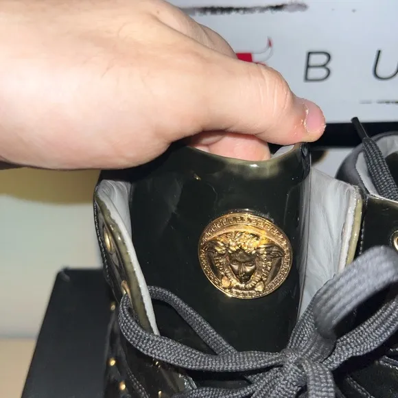 Versace Quilted Leather/Patent Leather Medusa High Top Sneakers