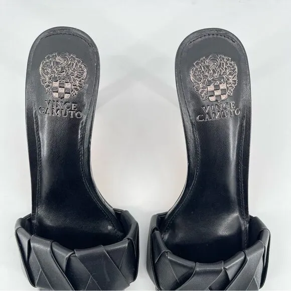 Vince Camuto Endonta Black Leather Pintucked Braided Stiletto Heel Sandals Sz 9