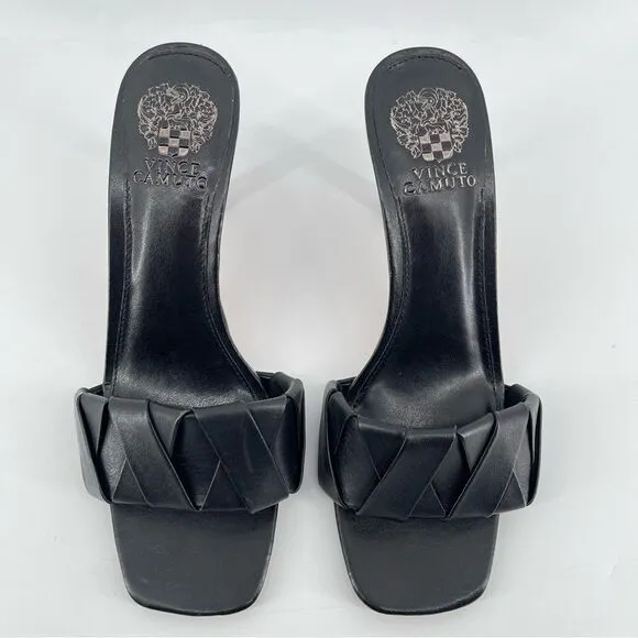 Vince Camuto Endonta Black Leather Pintucked Braided Stiletto Heel Sandals Sz 9