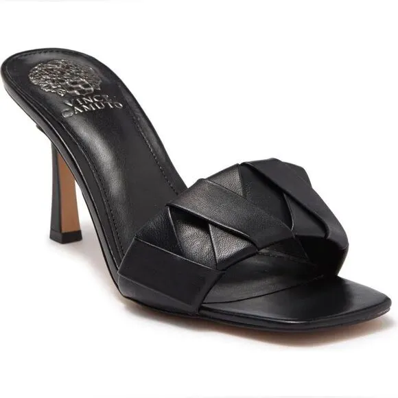 Vince Camuto Endonta Black Leather Pintucked Braided Stiletto Heel Sandals Sz 9