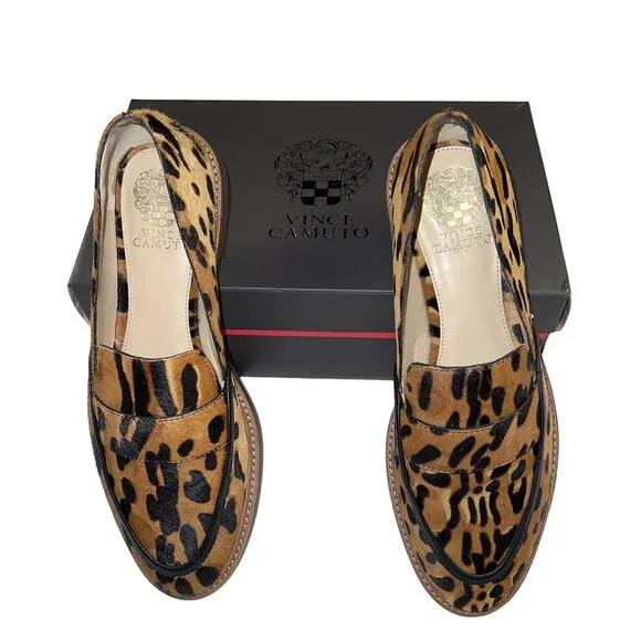 Vince Camuto Jordan Leopard Cow Hair Flat Slip On Oxford Loafer Shoes Size 9.5