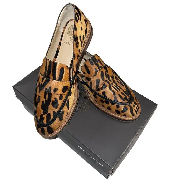 Vince Camuto Jordan Leopard Cow Hair Flat Slip On Oxford Loafer Shoes Size 9.5