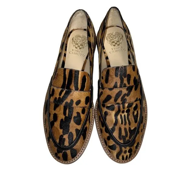 Vince Camuto Jordan Leopard Cow Hair Flat Slip On Oxford Loafer Shoes Size 9.5
