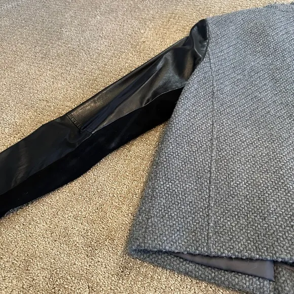 VINCE Lamb Leather Sleeves Asymmetric Wool Blend Jacket