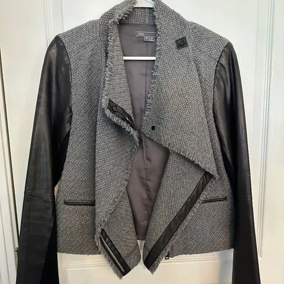 VINCE Lamb Leather Sleeves Asymmetric Wool Blend Jacket