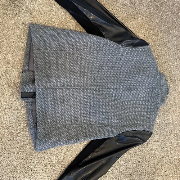 VINCE Lamb Leather Sleeves Asymmetric Wool Blend Jacket