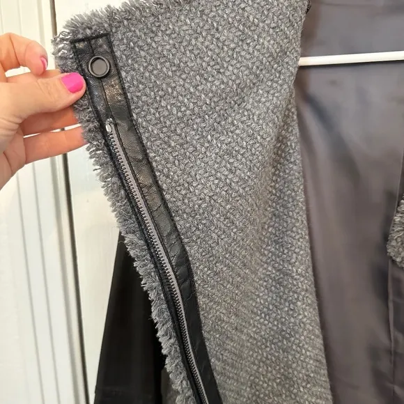VINCE Lamb Leather Sleeves Asymmetric Wool Blend Jacket