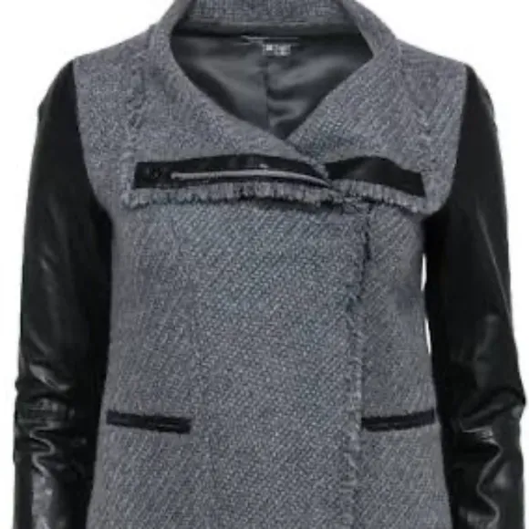 VINCE Lamb Leather Sleeves Asymmetric Wool Blend Jacket