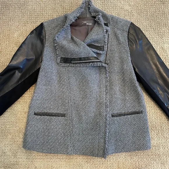 VINCE Lamb Leather Sleeves Asymmetric Wool Blend Jacket