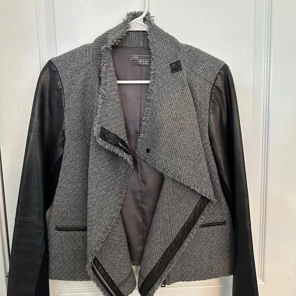 VINCE Lamb Leather Sleeves Asymmetric Wool Blend Jacket