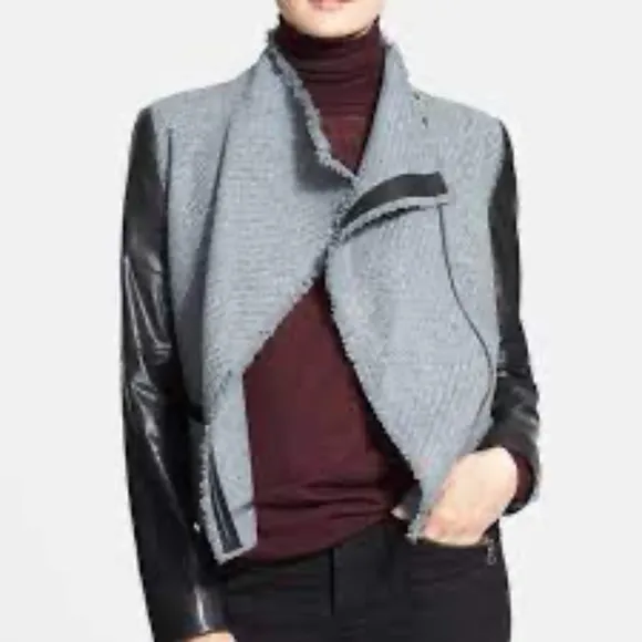 VINCE Lamb Leather Sleeves Asymmetric Wool Blend Jacket