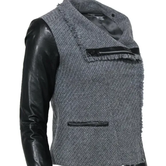VINCE Lamb Leather Sleeves Asymmetric Wool Blend Jacket
