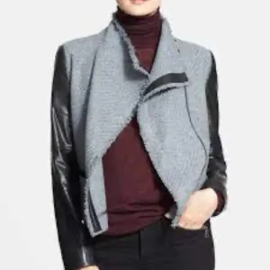 VINCE Lamb Leather Sleeves Asymmetric Wool Blend Jacket